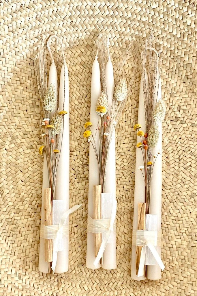 Taper Set Adorned w Palo Santo Selenite and Flowers Home Tiny Bandit