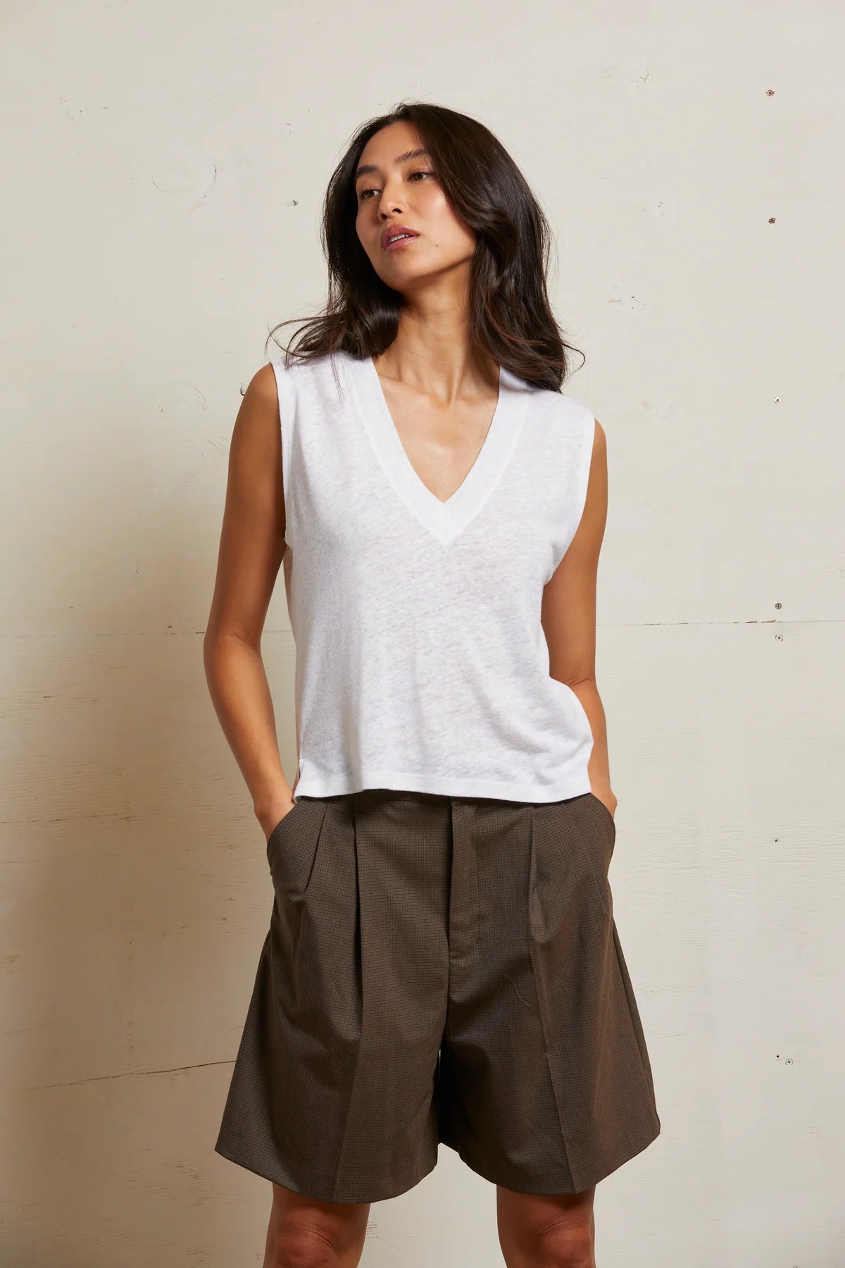 Linen Jersey Sleeveless V Neck Tank Tops Perfect White Tee