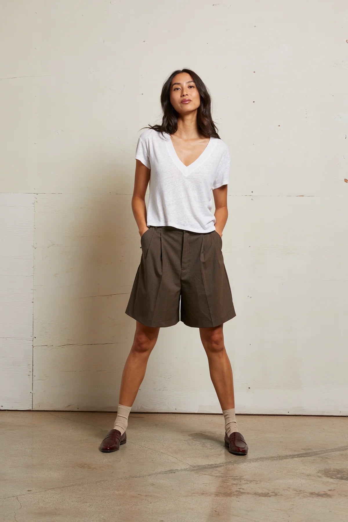 Rosie Linen Jersey Spandex V Neck Tops Perfect White Tee