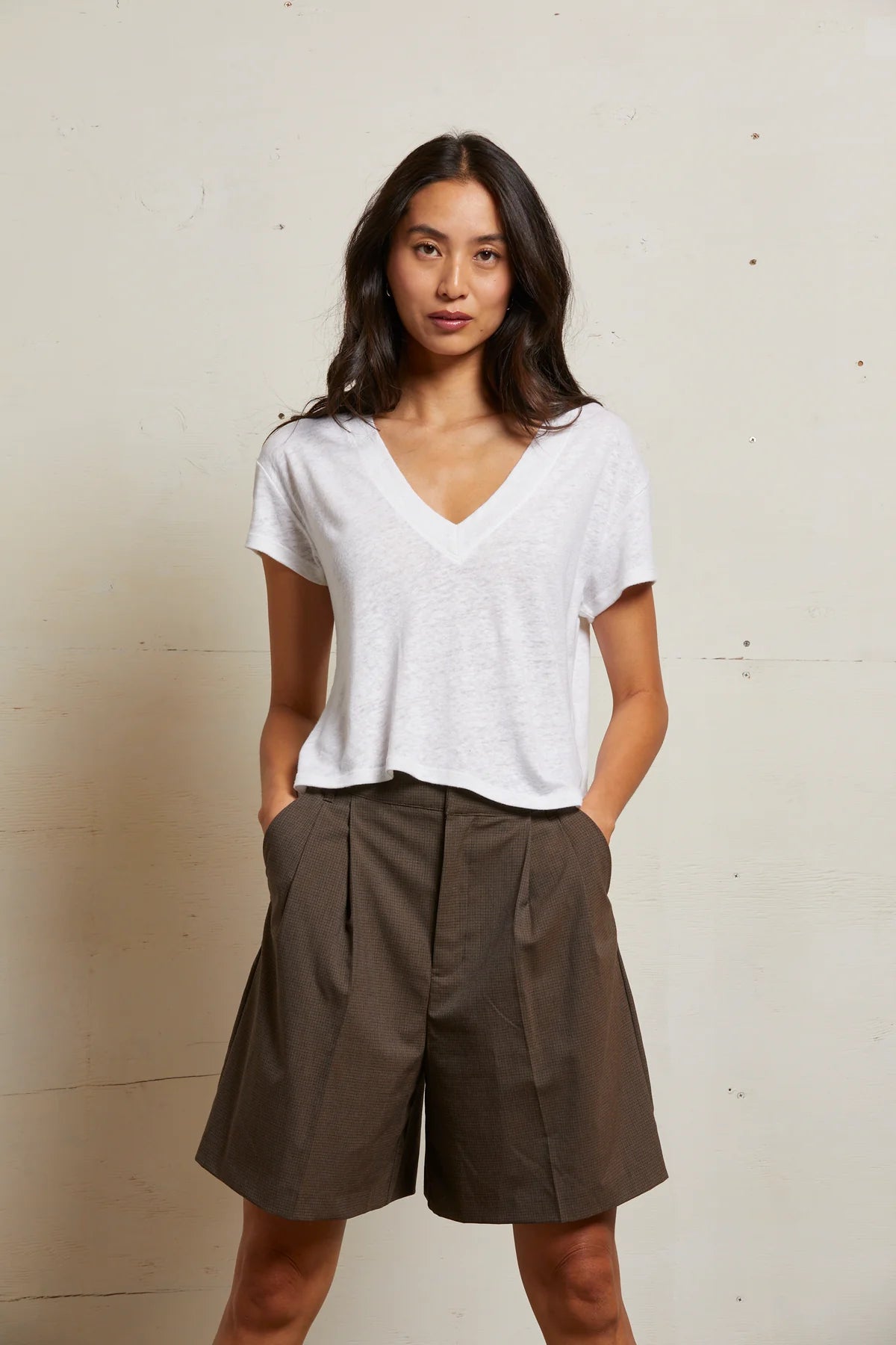 Rosie Linen Jersey Spandex V Neck Tops Perfect White Tee