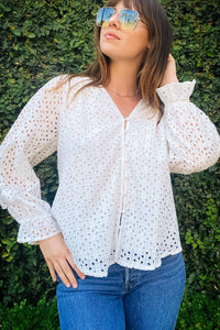 Eyelet Long Sleeve Blouse Tops Elan