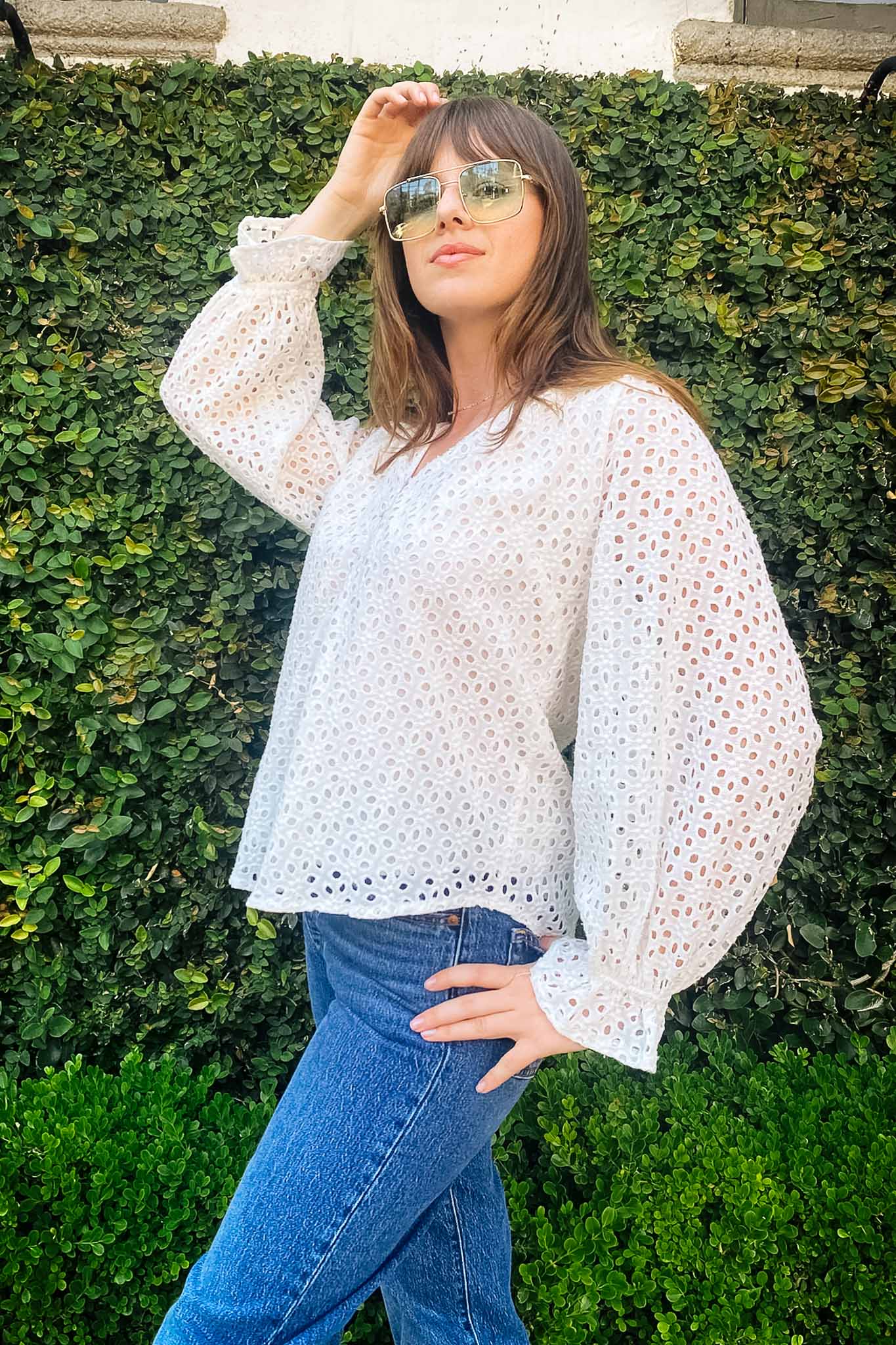 Eyelet Long Sleeve Blouse Tops Elan