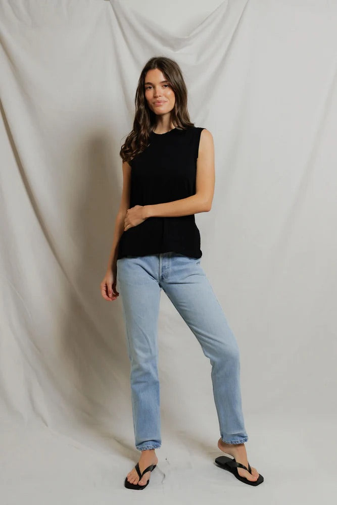 Faye Cotton Sleeveless Crew Neck Lettuce Hem Tops Perfect White Tee