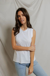Faye Cotton Sleeveless Crew Neck Lettuce Hem Tops Perfect White Tee