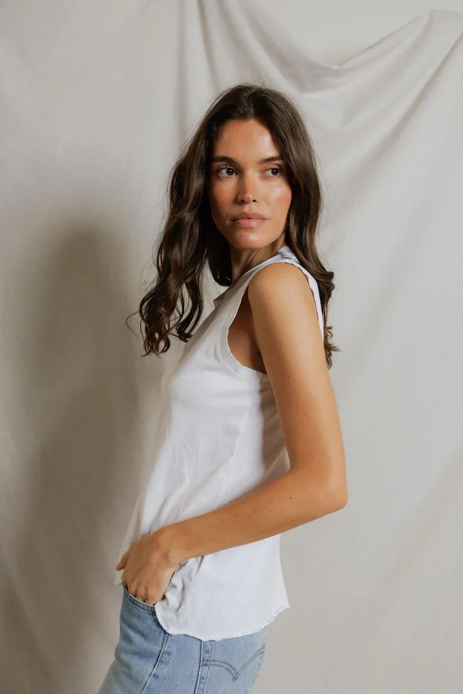 Faye Cotton Sleeveless Crew Neck Lettuce Hem Tops Perfect White Tee