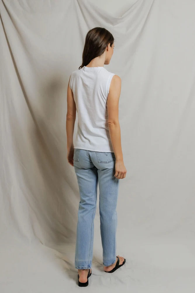 Faye Cotton Sleeveless Crew Neck Lettuce Hem Tops Perfect White Tee