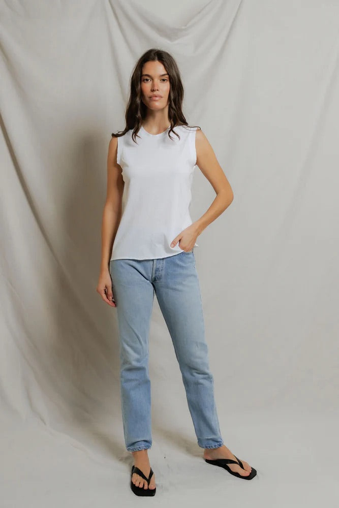 Faye Cotton Sleeveless Crew Neck Lettuce Hem Tops Perfect White Tee
