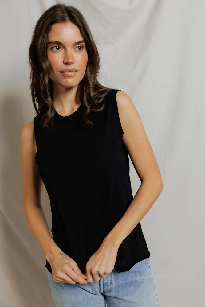 Faye Cotton Sleeveless Crew Neck Lettuce Hem Tops Perfect White Tee