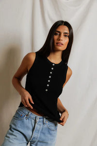 Luxe Rib Crew Neck Placket Tank Tops Perfect White Tee