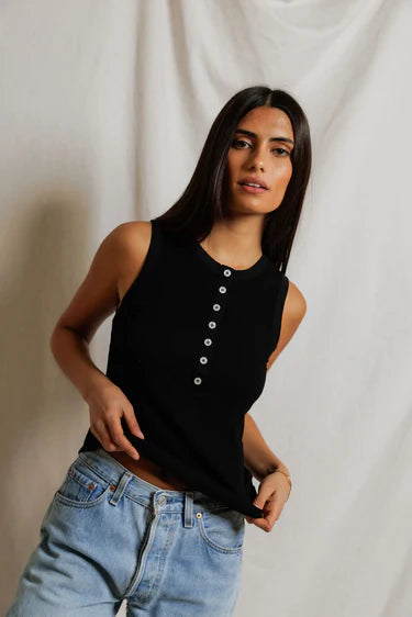 Luxe Rib Crew Neck Placket Tank Tops Perfect White Tee
