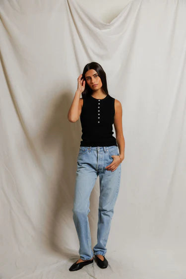 Luxe Rib Crew Neck Placket Tank Tops Perfect White Tee