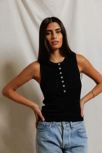 Luxe Rib Crew Neck Placket Tank Tops Perfect White Tee