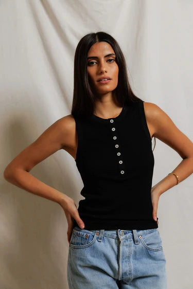 Luxe Rib Crew Neck Placket Tank Tops Perfect White Tee