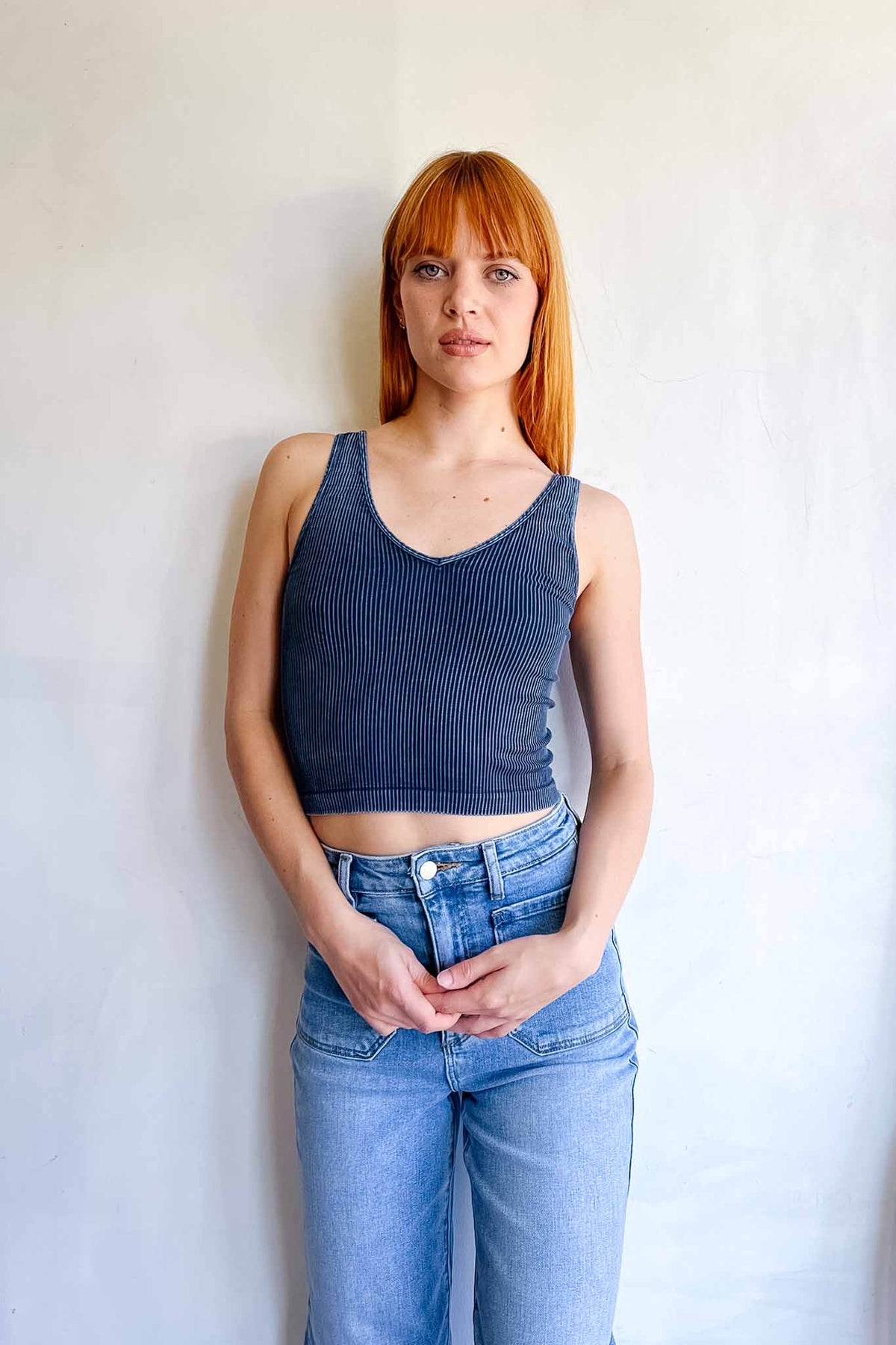 Ribbed V Neck Crop Tops Nikibiki