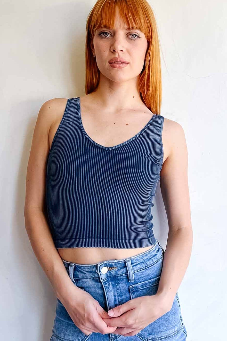 Ribbed V Neck Crop Top - Stretchy Layering Essential Tops Nikibiki