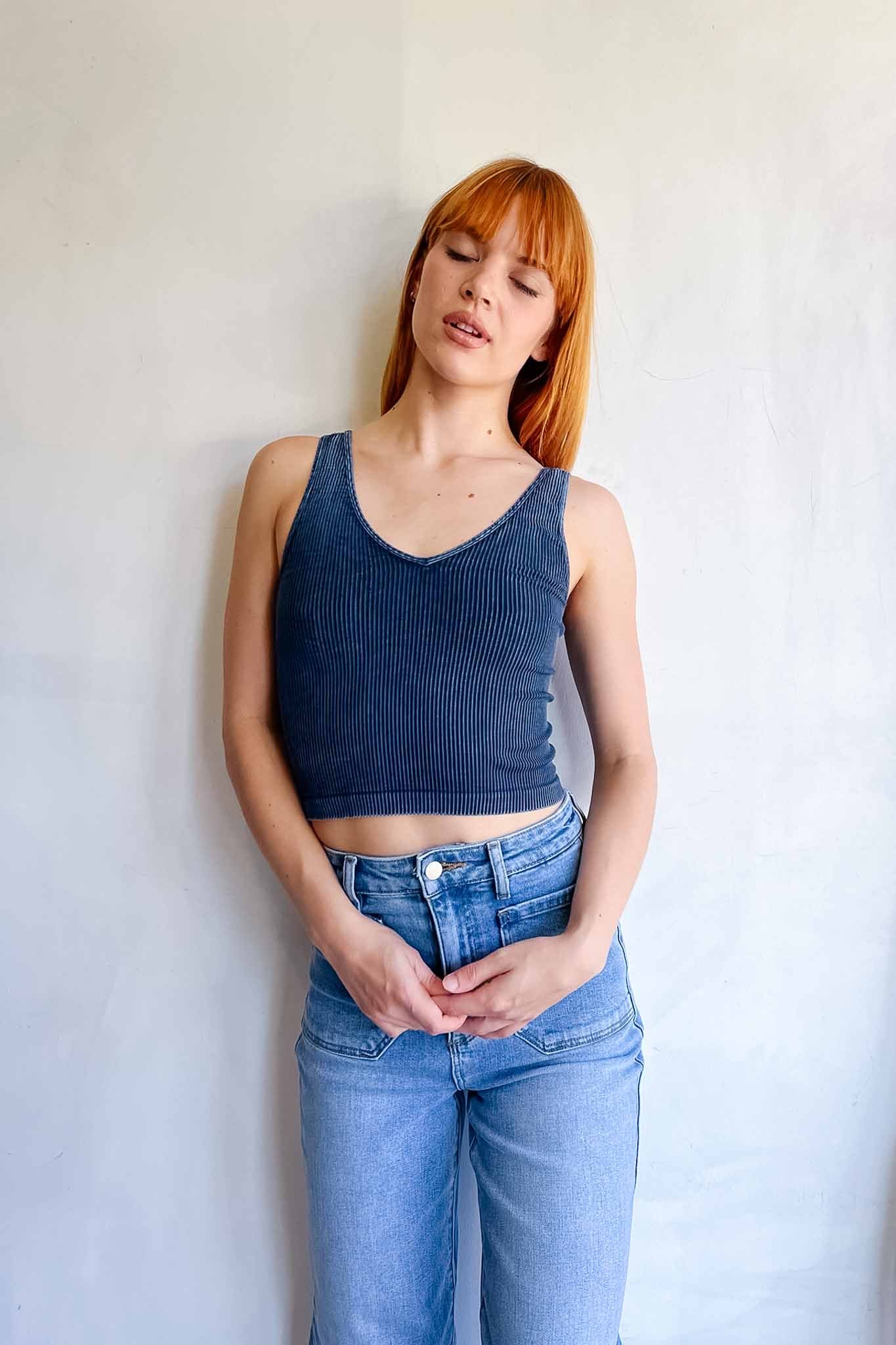 Ribbed V Neck Crop Tops Nikibiki