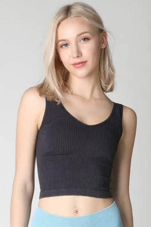 Ribbed V Neck Crop Top - Stretchy Layering Essential