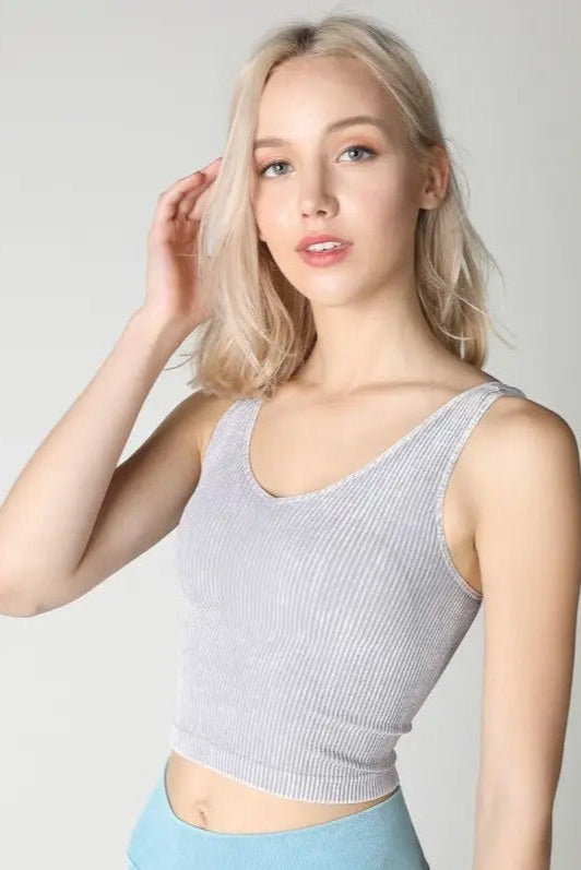 Ribbed V Neck Crop Top - Stretchy Layering Essential