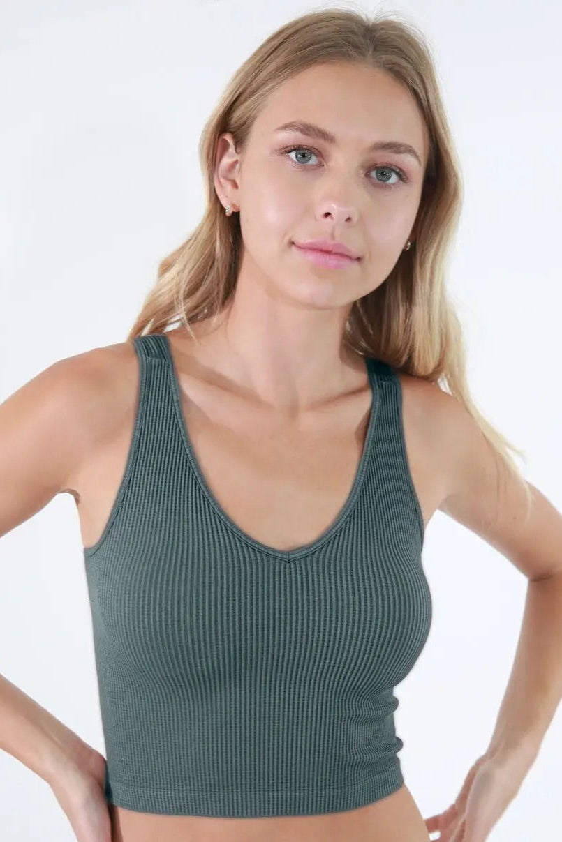 Ribbed V Neck Crop Top - Stretchy Layering Essential