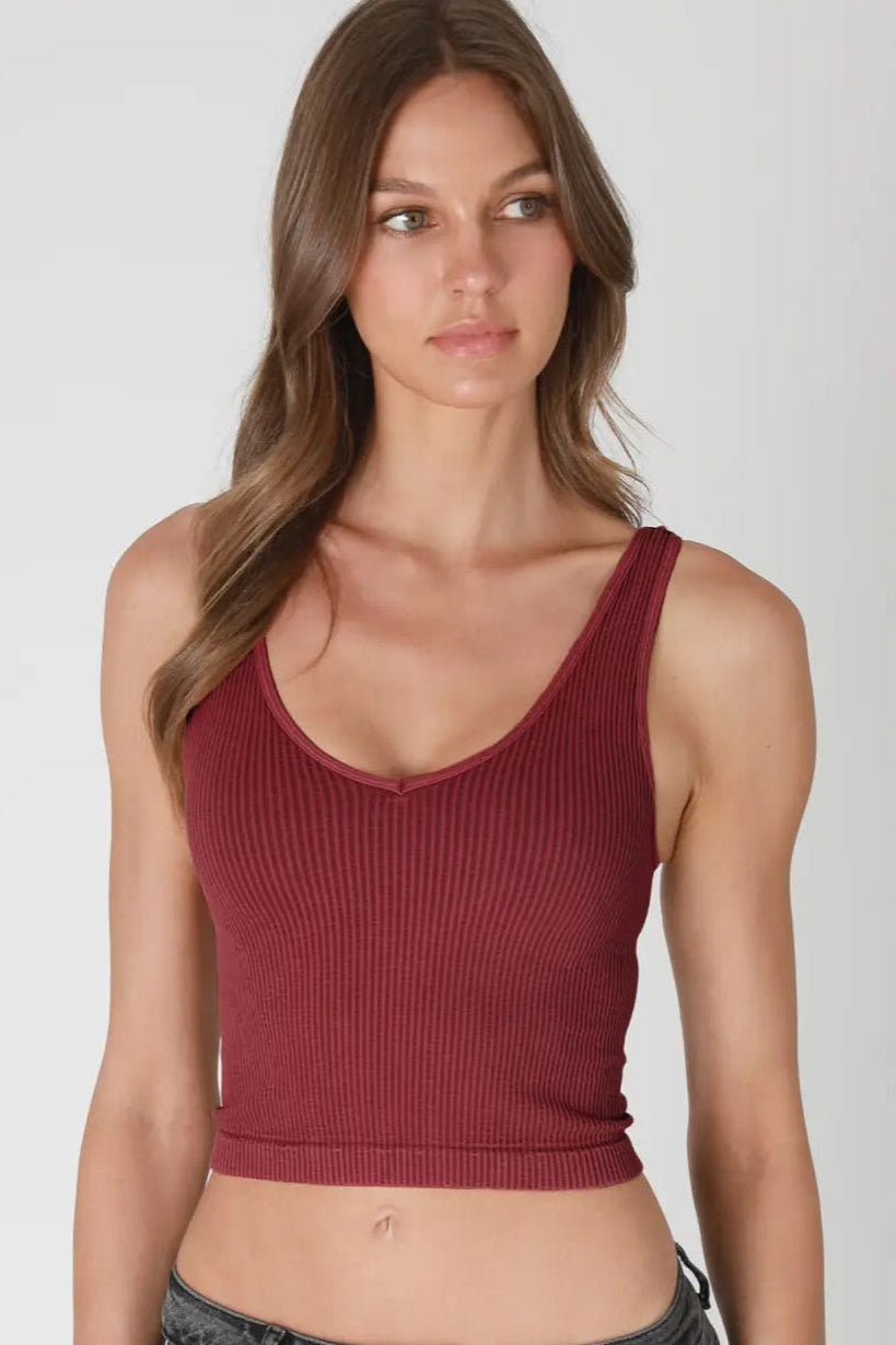 Ribbed V Neck Crop Top - Stretchy Layering Essential